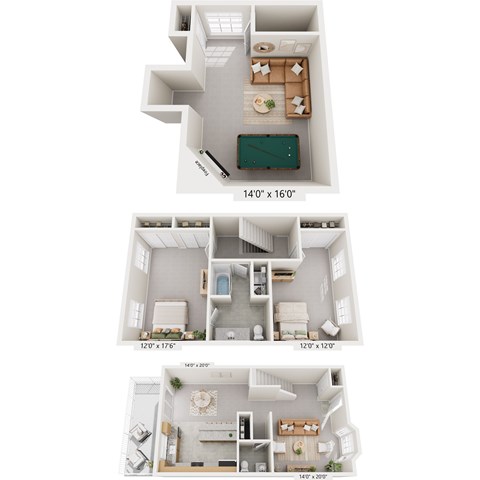 Three different floor plans of a house with dimensions.